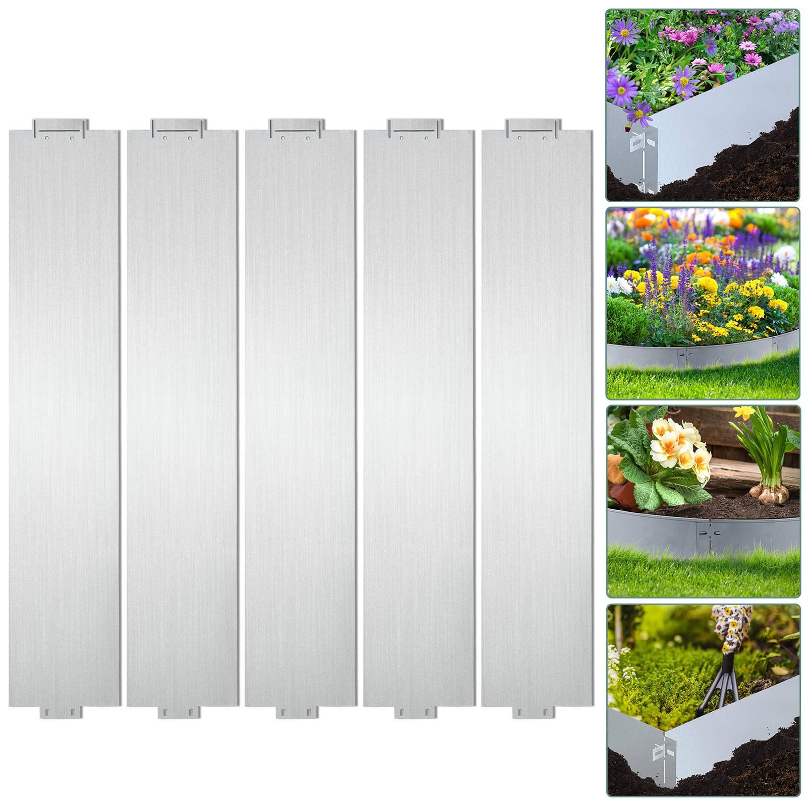 Fünf ineinandergreifende Metallrandpaneele aus Silber für den Garten, mit eingefügten Fotos, die erhöhte Blumenbeete und geschwungene Landschaftsränder zeigen.