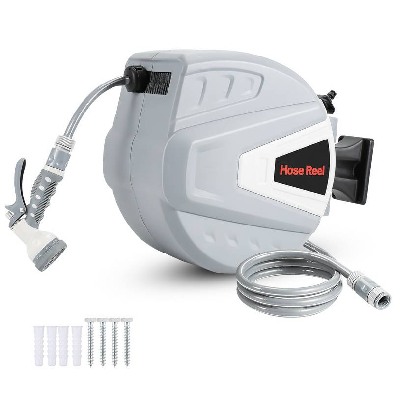Schlauchtrommel Schlauchaufroller 20M 180°Schwenkbar Premium Automatik Wand-Schlauchbox mit Wasserpistole, Inkl. Wandhalterung, Grau