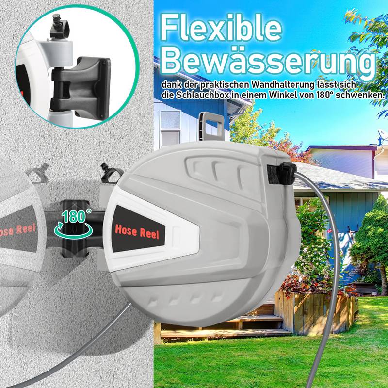 Schlauchtrommel Schlauchaufroller 20M 180°Schwenkbar Premium Automatik Wand-Schlauchbox mit Wasserpistole, Inkl. Wandhalterung, Grau