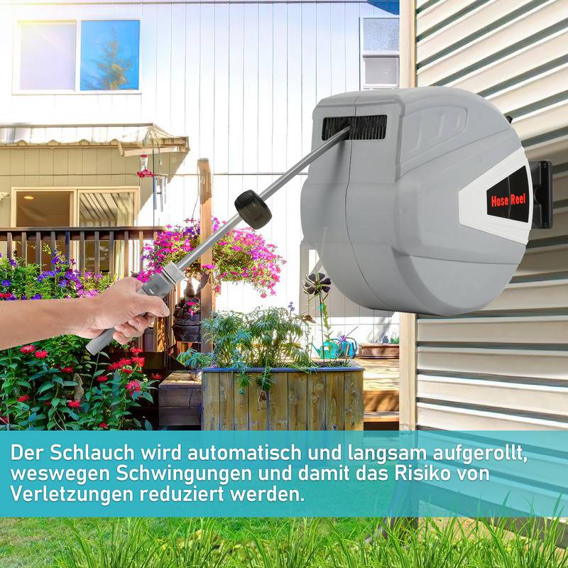 Schlauchtrommel Schlauchaufroller 20M 180°Schwenkbar Premium Automatik Wand-Schlauchbox mit Wasserpistole, Inkl. Wandhalterung, Grau
