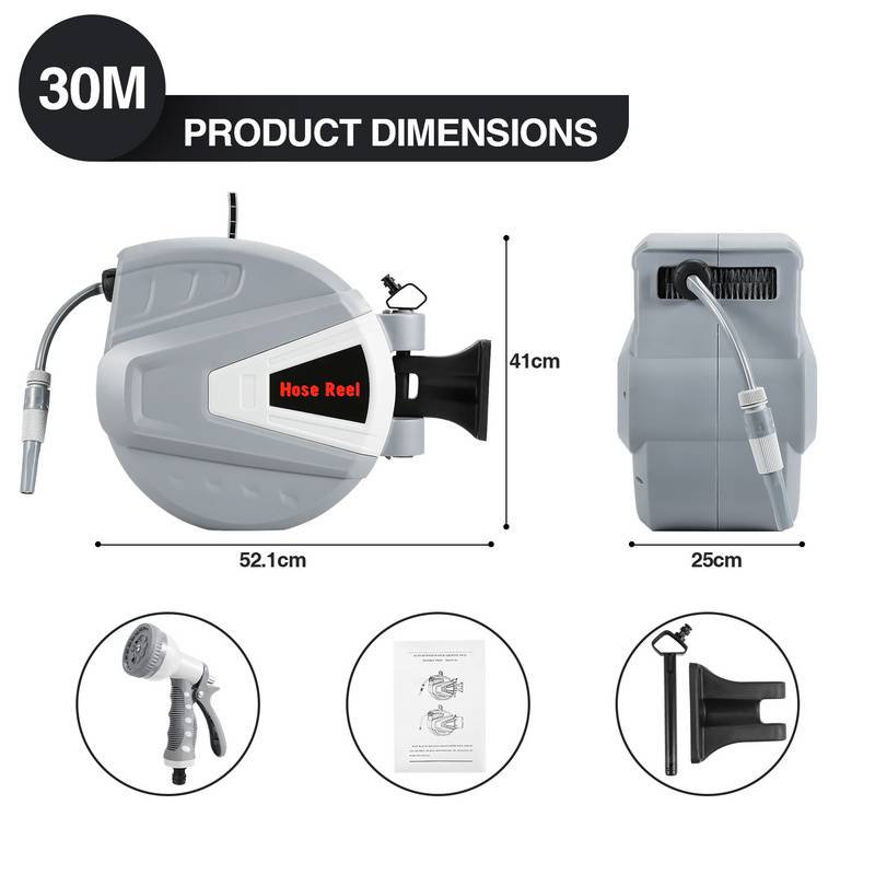Schlauchtrommel Schlauchaufroller 30M 180°Schwenkbar Premium Automatik Wand-Schlauchbox mit Wasserpistole, Inkl. Wandhalterung, Grau