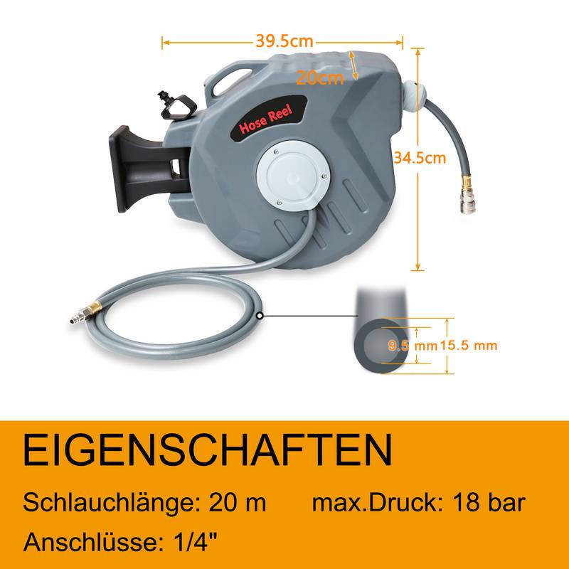 Schlauchtrommel Schlauchaufroller Automatik Druckluft automatisch 20m Druckluftschlauch 1/4 Anschluss incl. Wandschlauchhalter, max. 18 bar