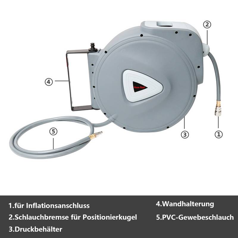 Schlauchtrommel Schlauchaufroller Automatik Druckluft automatisch 30m Druckluftschlauch 1/4 Anschluss incl. Wandschlauchhalter, max. 18 bar