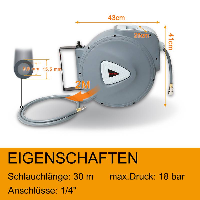 Schlauchtrommel Schlauchaufroller Automatik Druckluft automatisch 30m Druckluftschlauch 1/4 Anschluss incl. Wandschlauchhalter, max. 18 bar