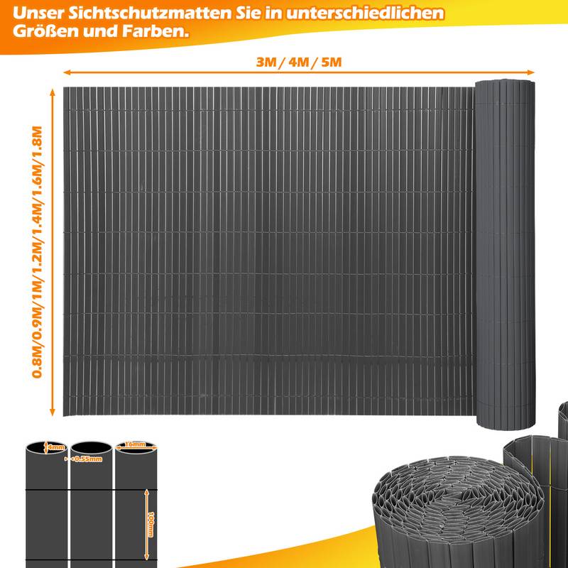 PVC Sichtschutzmatte Sichtschutzzaun Sichtschutz für Zaun Balkon grau 90 x 800 cm