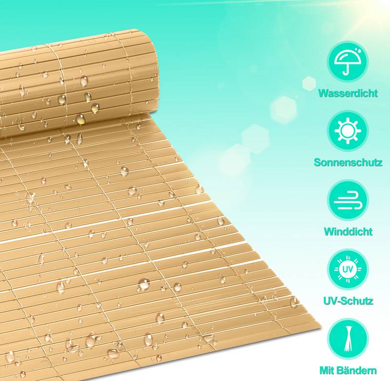 PVC Sichtschutzmatte Doppelte Verstärkung Innen, Balkon Sichtschutz mit Kabelbindern, Sichtschutzzaun Windschutz Wasserdicht ohne Bohren, Bambus 0,9