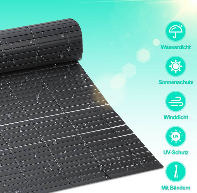 PVC Sichtschutzmatte Doppelte Verstärkung Innen, Balkon Sichtschutz mit Kabelbindern, Sichtschutzzaun Windschutz Wasserdicht ohne Bohren, Grau 1,2