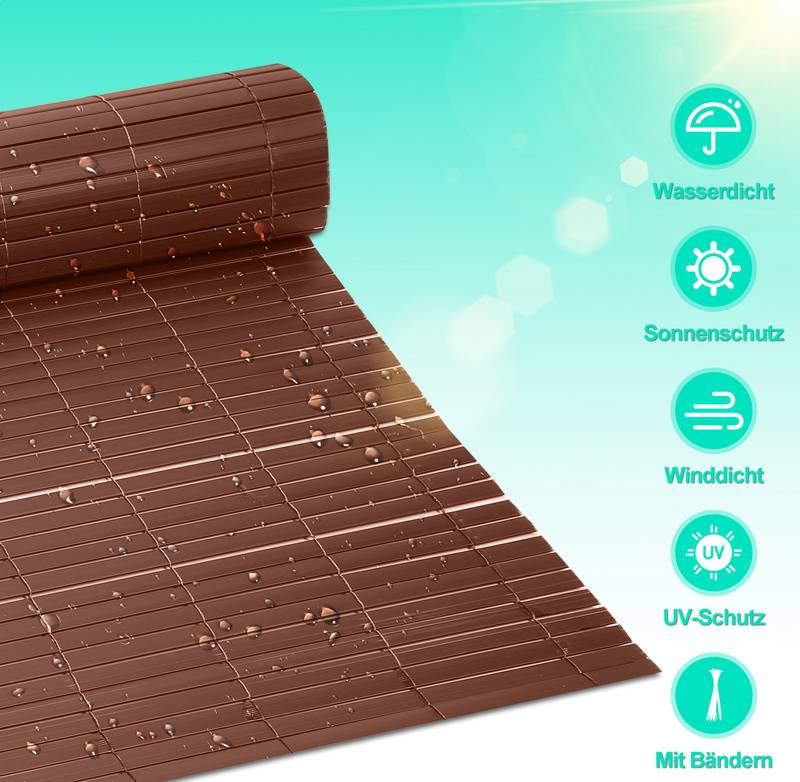 PVC Sichtschutzmatte Doppelte Verstärkung Innen, Balkon Sichtschutz mit Kabelbindern, Sichtschutzzaun Windschutz Wasserdicht ohne Bohren, Braun 1,2