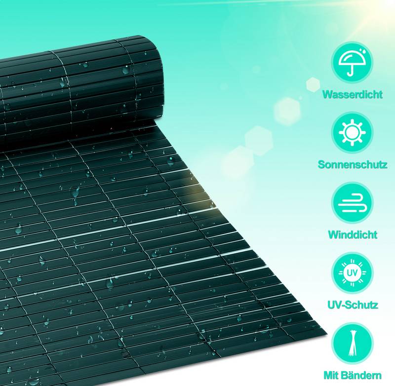 PVC Sichtschutzmatte Doppelte Verstärkung Innen, Balkon Sichtschutz mit Kabelbindern, Sichtschutzzaun Windschutz Wasserdicht ohne Bohren, Grün 1,8