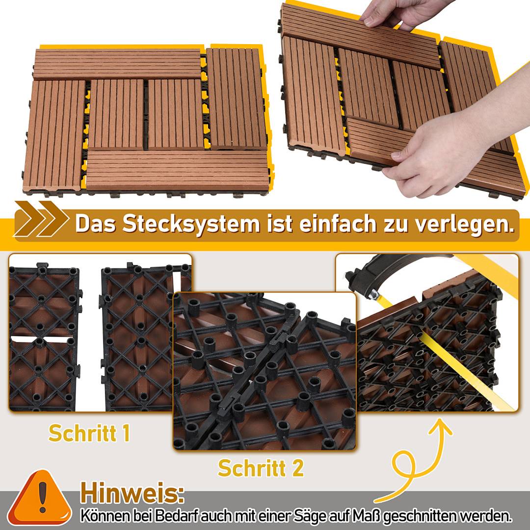 Illustrierte deutsche Installationsanleitung, die in den Schritten 1 und 2 ineinandergreifende Deck-Fliesen zeigt, die verlegt und zusammengeklickt werden; eine Notiz besagt, dass sie mit einer Säge auf Größe zugeschnitten werden können.