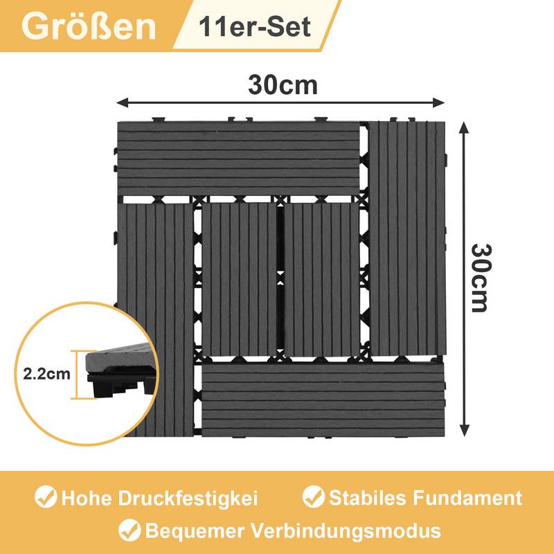 WPC Klickfliesen 1m² 11st. | Terrassenfliesen, Balkonfliesen, Holzfliese - Anthrazit , 30x30 cm