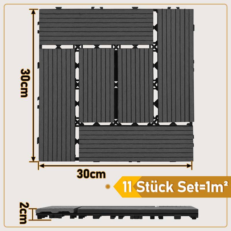 WPC Klickfliesen 3m² 33st. | Terrassenfliesen, Balkonfliesen, Holzfliese - Anthrazit , 30x30 cm