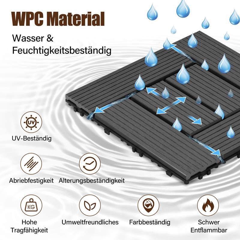 WPC Klickfliesen 4m² 44st. | Terrassenfliesen, Balkonfliesen, Holzfliese - Anthrazit , 30x30 cm