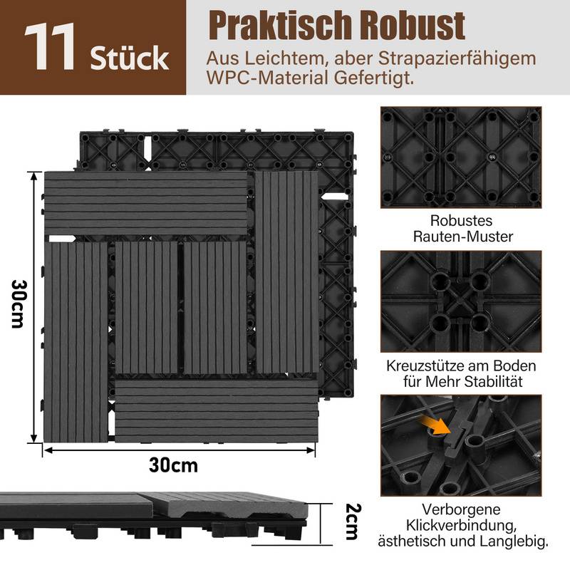 WPC Klickfliesen 4m² 44st. | Terrassenfliesen, Balkonfliesen, Holzfliese - Anthrazit , 30x30 cm