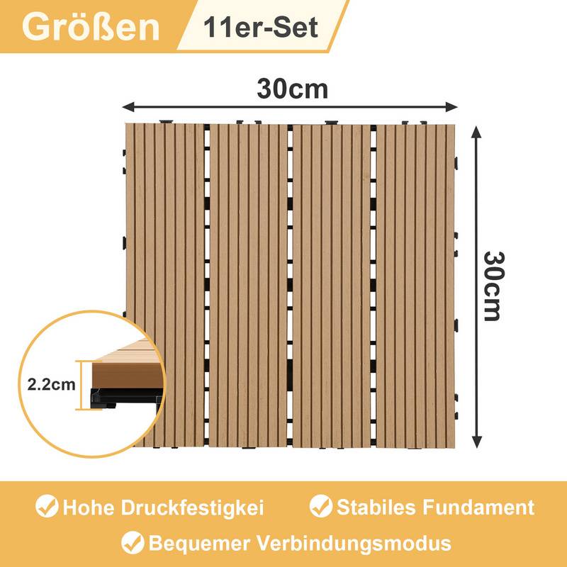 11x WPC Terrassenfliesen mit Drainage und Klicksystem Balkon Garten 30x30cm Teak