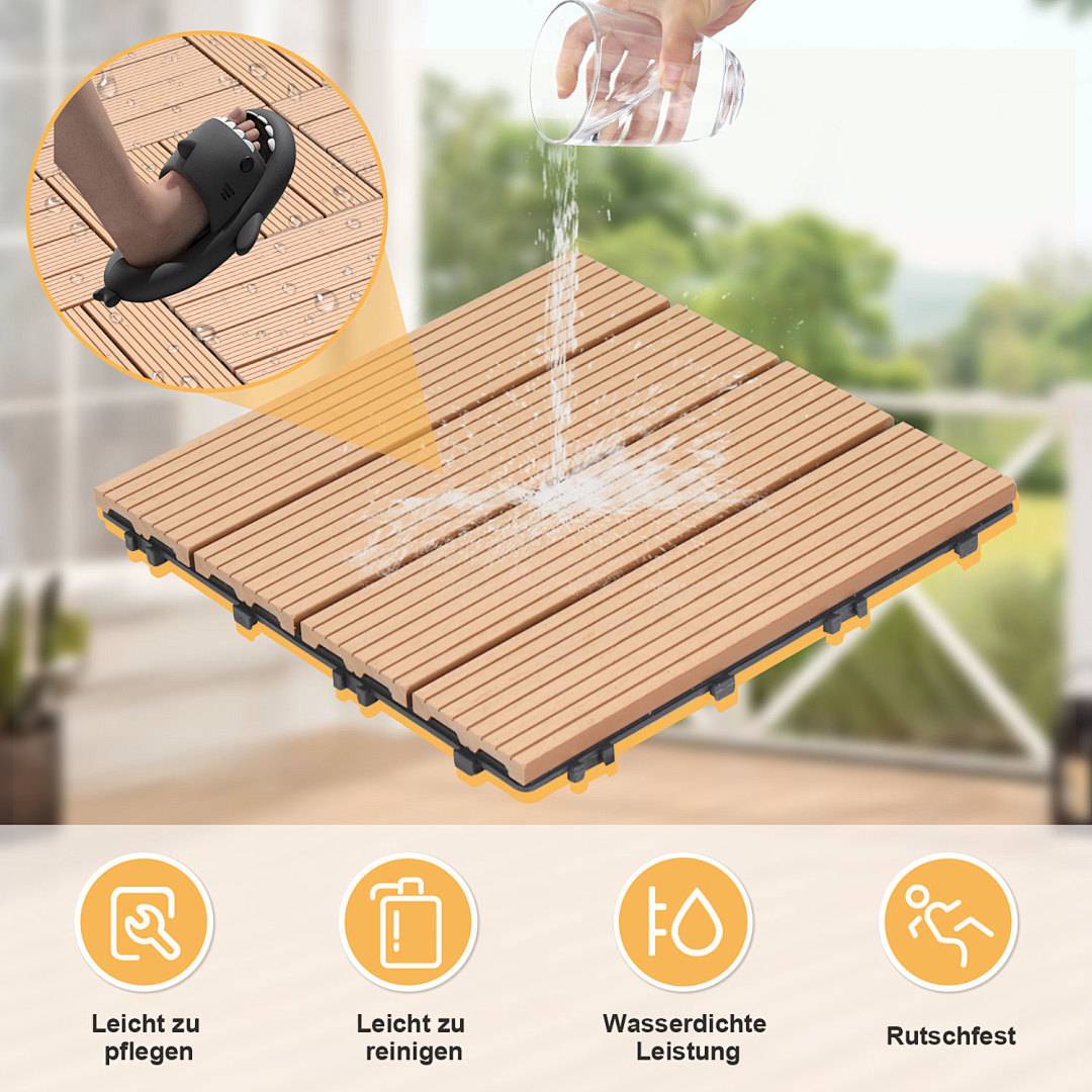 Wasserdichte, rutschfeste modulare Deck-Fliesen, die einfach zu installieren und zu reinigen sind, werden mit Wasser abgespült gezeigt.