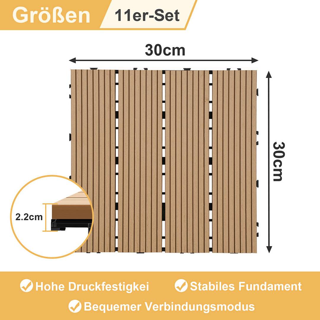 Produktdiagramm eines 11-teiligen Holzfliesensets, das ein 30 cm x 30 cm Panel und 2,2 cm Dicke zeigt, mit den Eigenschaften „Hohe Druckfestigkeit", „Stabiles Fundament"" und „Bequemer Verbindungsmodus"".