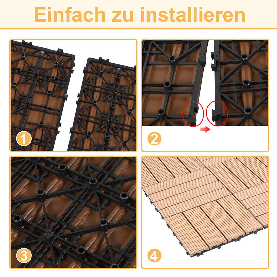 Installationsanleitung mit dem Titel „Einfach zu installieren" zeigt vier Schritte zum Verbinden von ineinandergreifenden Terrassenplatten: Richten Sie die kunststoffgestützten Platten aus und rasten Sie sie zusammen.