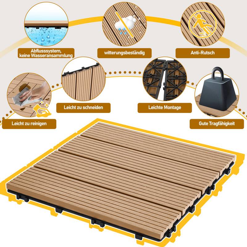 22x WPC Terrassenfliesen mit Drainage und Klicksystem Balkon Garten 30x30cm Teak