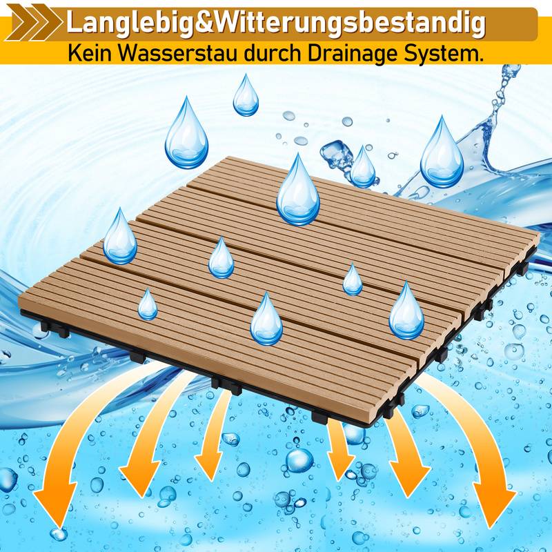 22x WPC Terrassenfliesen mit Drainage und Klicksystem Balkon Garten 30x30cm Teak