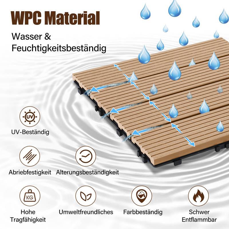 33x WPC Terrassenfliesen mit Drainage und Klicksystem Balkon Garten 30x30cm Teak