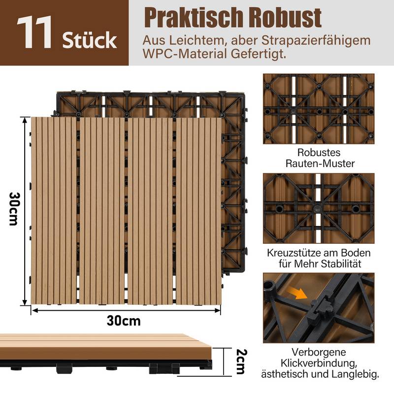 33x WPC Terrassenfliesen mit Drainage und Klicksystem Balkon Garten 30x30cm Teak