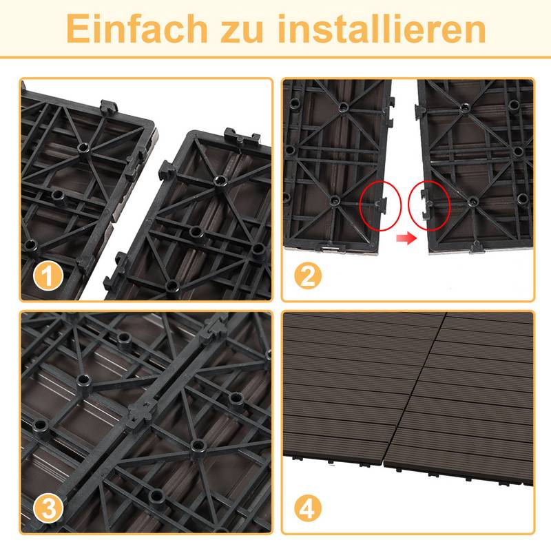 11er Set Klickfliesen WPC-Terrassendielen 30x30 cm Dunkelbraun, Holzdielenoptik mit klicksystem