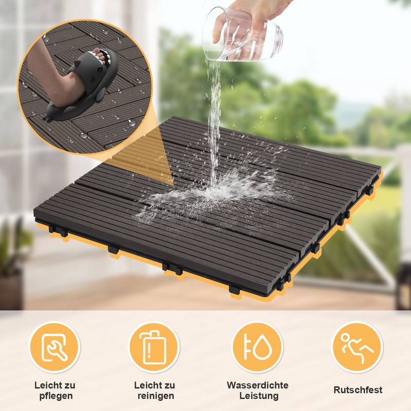 11er Set Klickfliesen WPC-Terrassendielen 30x30 cm Dunkelbraun, Holzdielenoptik mit klicksystem