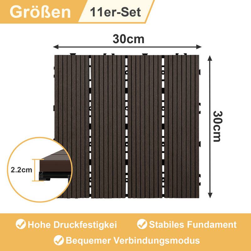 11er Set Klickfliesen WPC-Terrassendielen 30x30 cm Dunkelbraun, Holzdielenoptik mit klicksystem