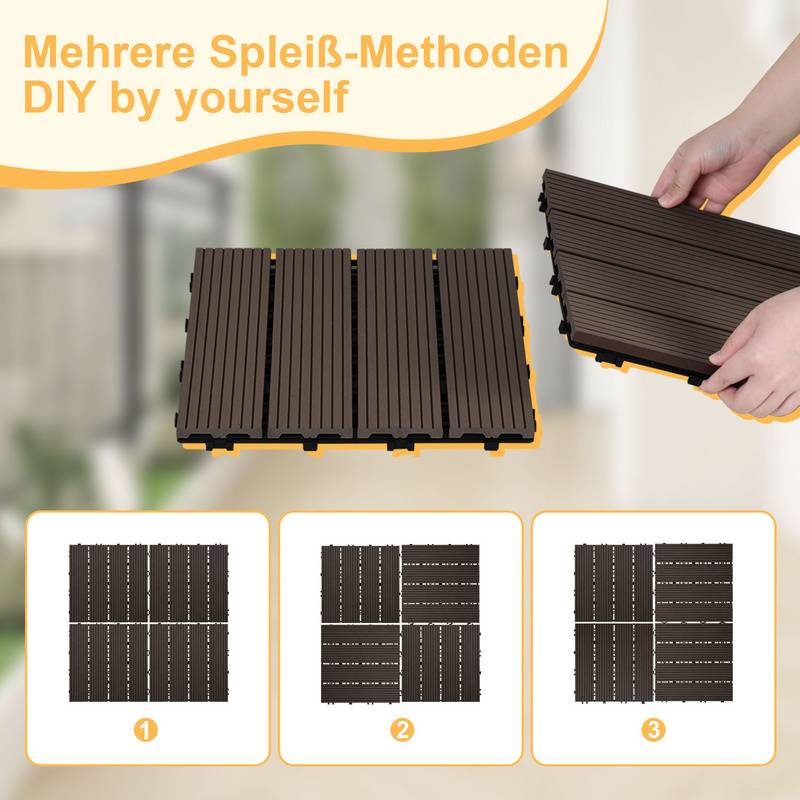 11er Set Klickfliesen WPC-Terrassendielen 30x30 cm Dunkelbraun, Holzdielenoptik mit klicksystem