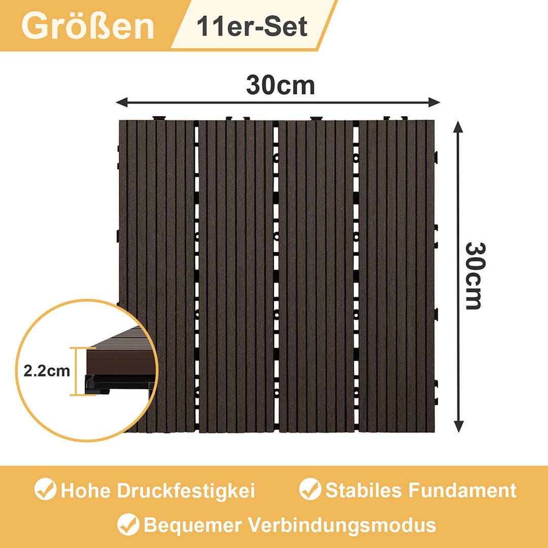 11er Set Klickfliesen WPC-Terrassendielen 30x30 cm Dunkelbraun, Holzdielenoptik mit klicksystem