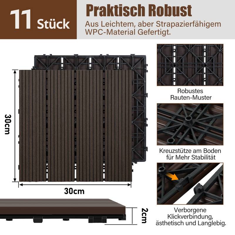 33er Set Klickfliesen WPC-Terrassendielen 30x30 cm Dunkelbraun, Holzdielenoptik mit klicksystem