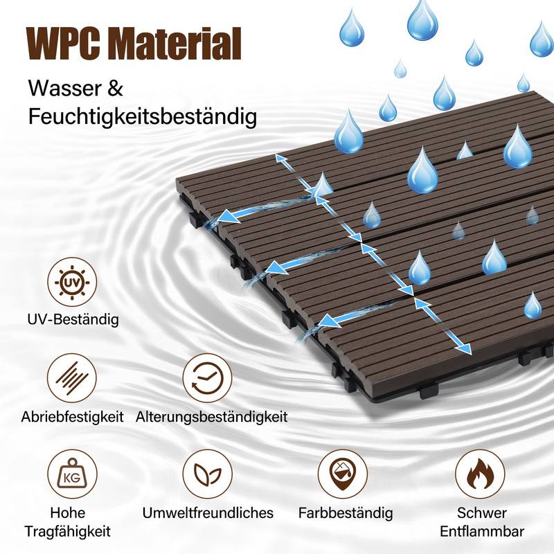 33er Set Klickfliesen WPC-Terrassendielen 30x30 cm Dunkelbraun, Holzdielenoptik mit klicksystem