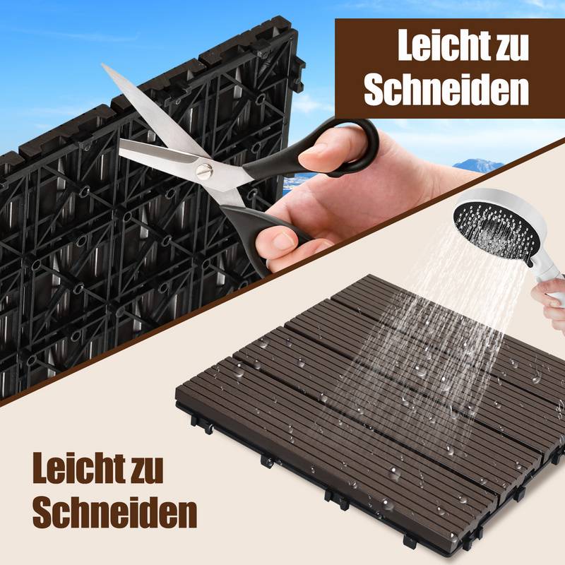 33er Set Klickfliesen WPC-Terrassendielen 30x30 cm Dunkelbraun, Holzdielenoptik mit klicksystem