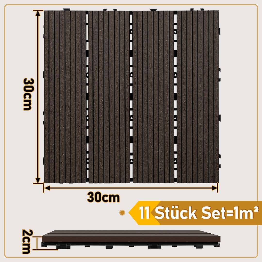 Quadratischer Deck-Fliesensatz, gezeigt in Vorder- und Seitenansicht, mit den Maßen 30 cm x 30 cm und 2 cm Dicke; gekennzeichnet mit „11 Stück Set=1m²".