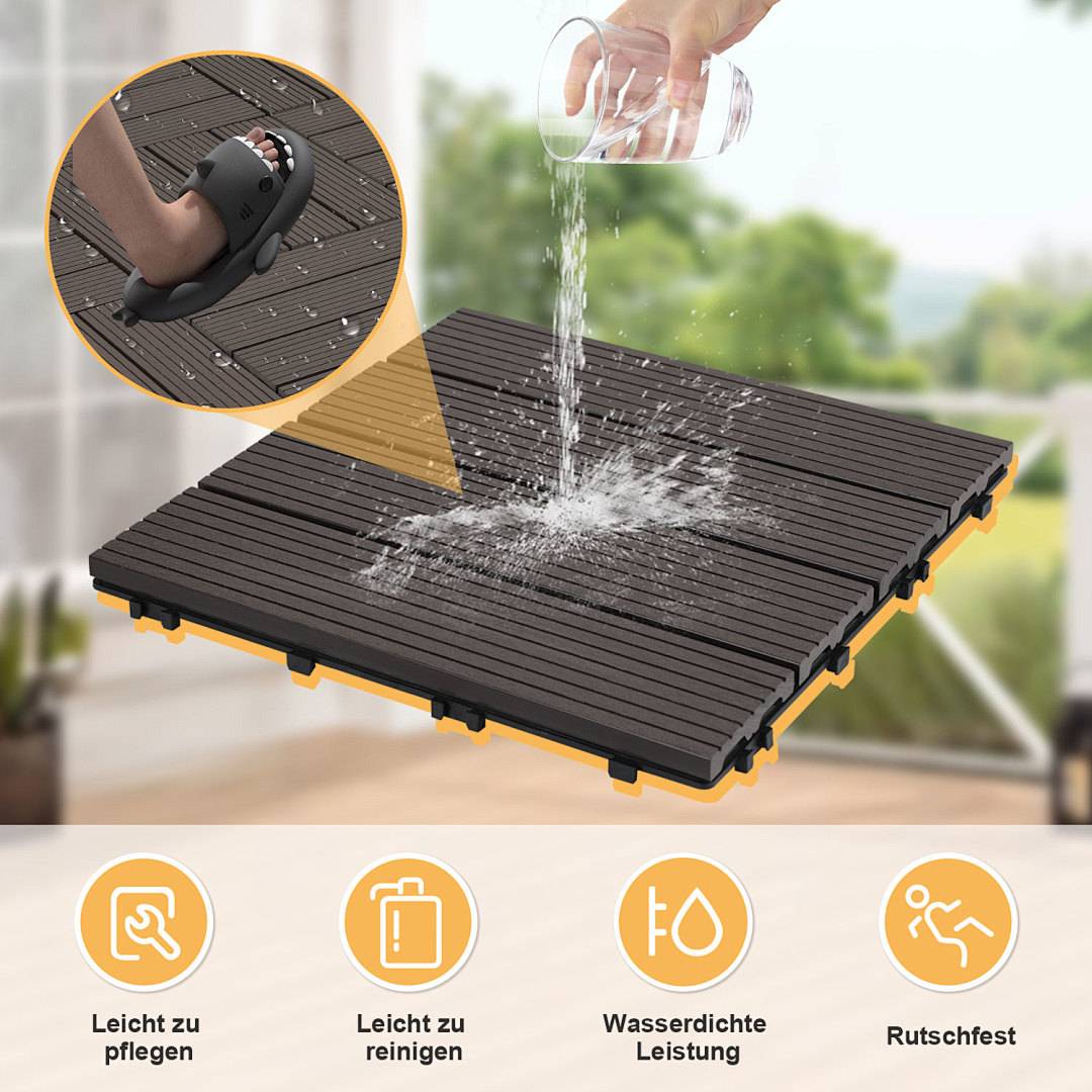 11er Set Klickfliesen WPC-Terrassendielen 30x30 cm Dunkelbraun, Holzdielenoptik mit klicksystem