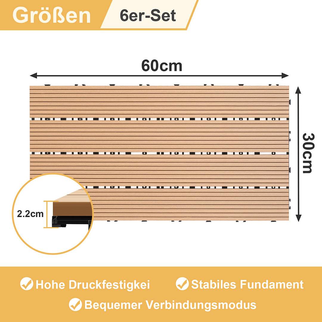 6 Stk. WPC-Fliesen Terrassenfliesen Klickfliesen Bodenfliese Holzoptik 30x60cm Teak
