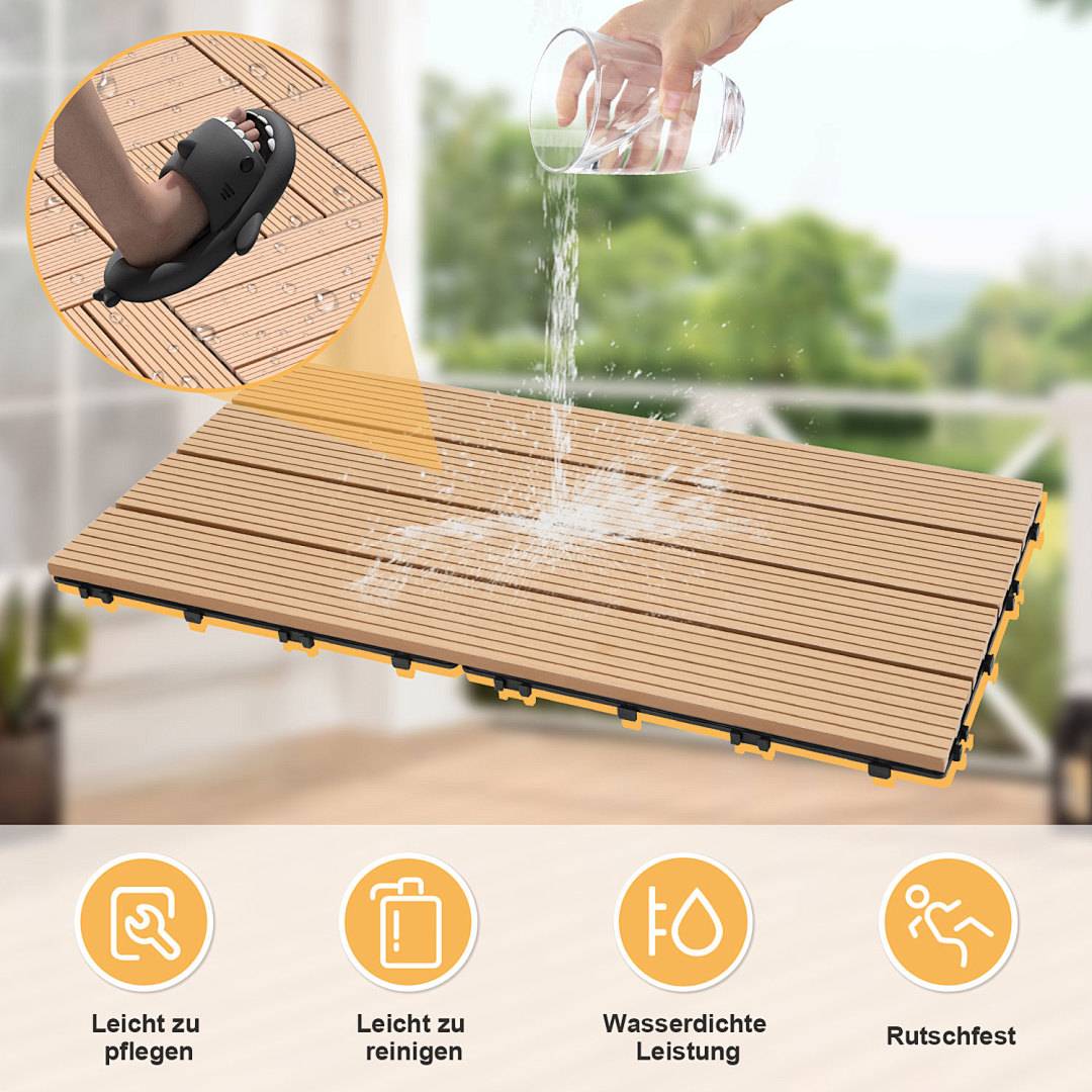 6 Stk. WPC-Fliesen Terrassenfliesen Klickfliesen Bodenfliese Holzoptik 30x60cm Teak