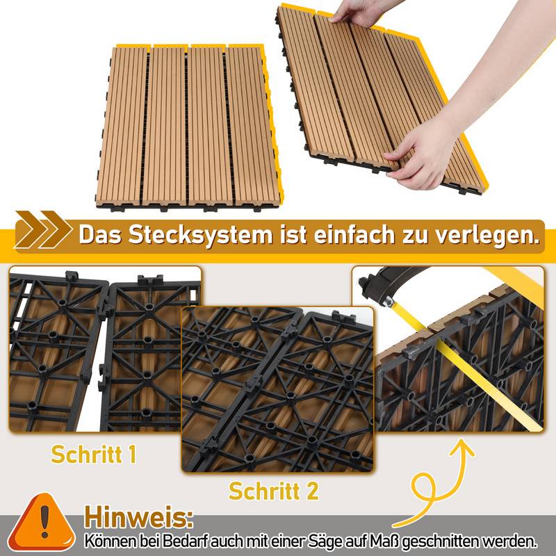 12 Stk. WPC-Fliesen Terrassenfliesen Klickfliesen Bodenfliese Holzoptik 30x60cm Teak