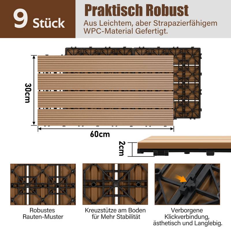 18 Stk. WPC-Fliesen Terrassenfliesen Klickfliesen Bodenfliese Holzoptik 30x60cm Teak