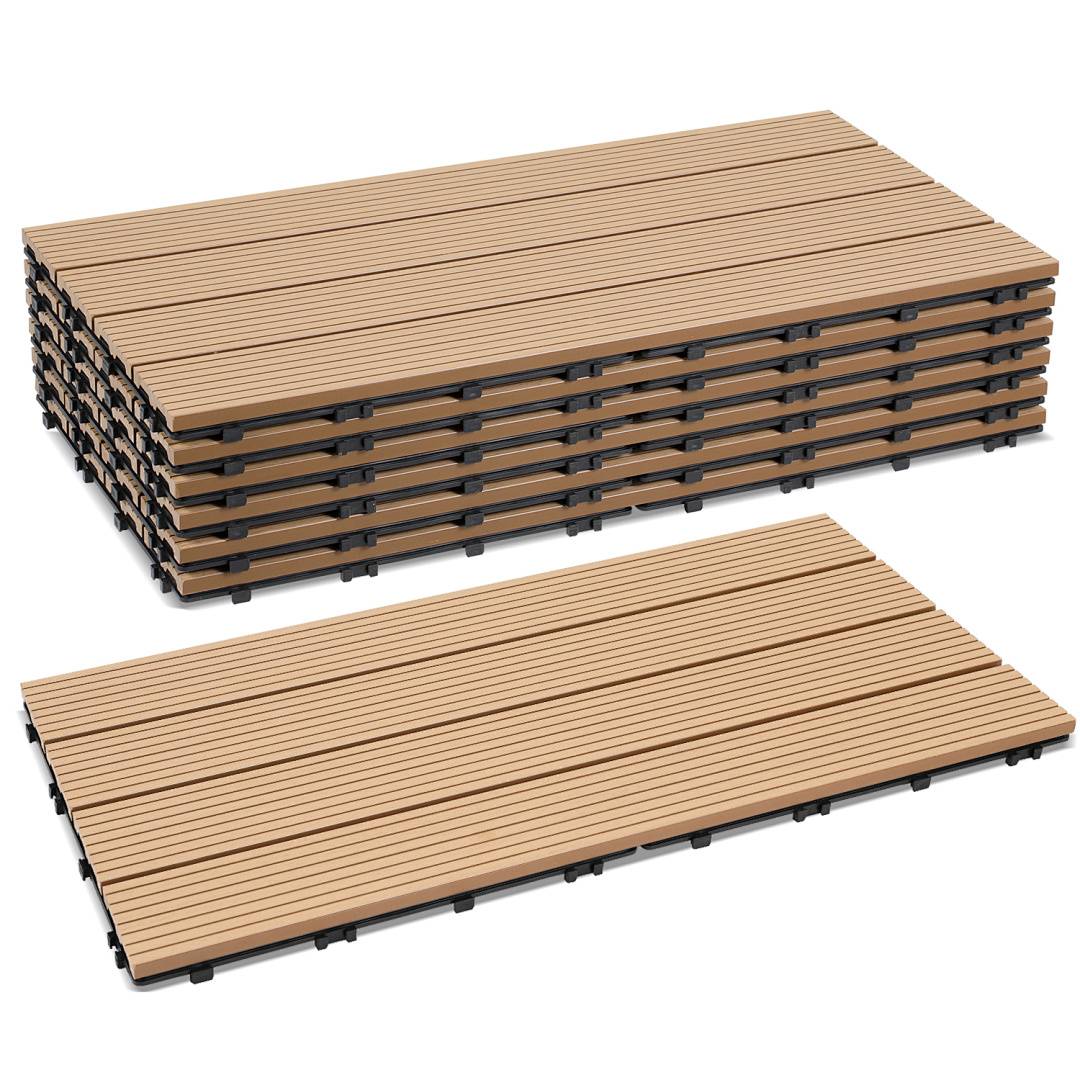 Zwei stapelbare modulare Plattformpodeste oder Decking-Paneele mit Holzoptik, die auf weißem Hintergrund zusammengebaut und getrennt dargestellt sind.