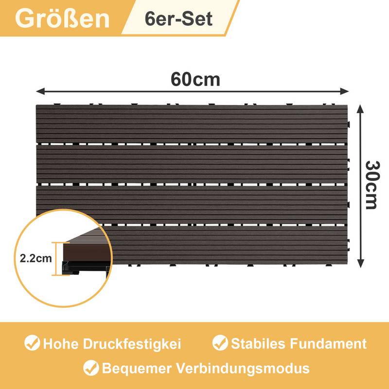 6 Stück=1 m² Terrassenfliesen Balkonfliesen WPC Fliesen Balkon Garten Dunkelbraun 30x60cm