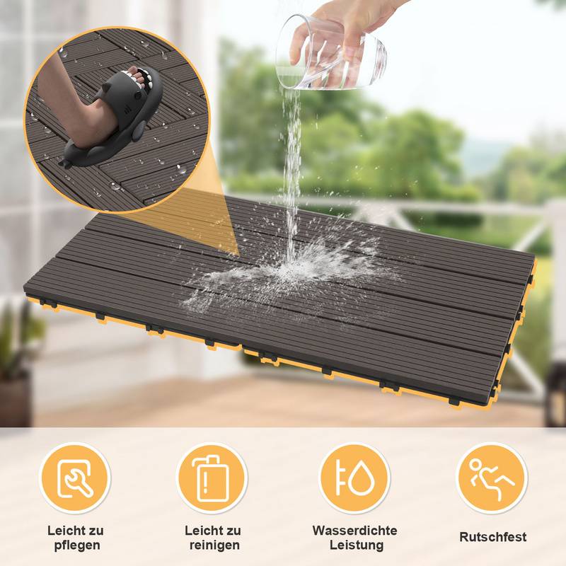 6 Stück=1 m² Terrassenfliesen Balkonfliesen WPC Fliesen Balkon Garten Dunkelbraun 30x60cm