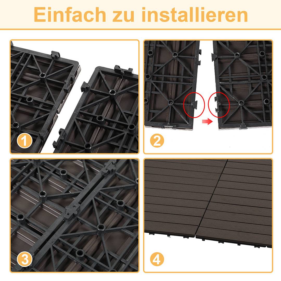 11er Set Klickfliesen WPC-Terrassendielen 30x30 cm Dunkelbraun, Holzdielenoptik mit klicksystem
