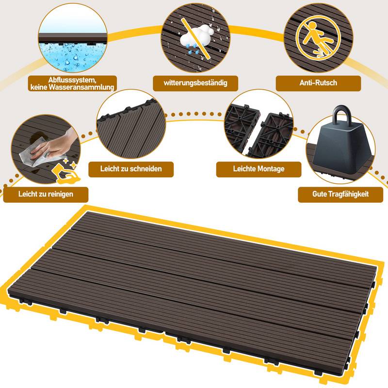 12 Stück=2 m² Terrassenfliesen Balkonfliesen WPC Fliesen Balkon Garten Dunkelbraun 30x60cm
