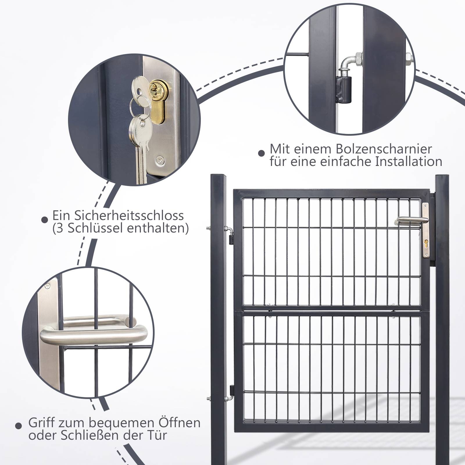 Gartentor Gartentür Zauntor Hoftuer Pulverbeschichtet Verzinkt mit Schloss Türklinke und Schlüssel Anthrazit Quadratrohr 100x100cm
