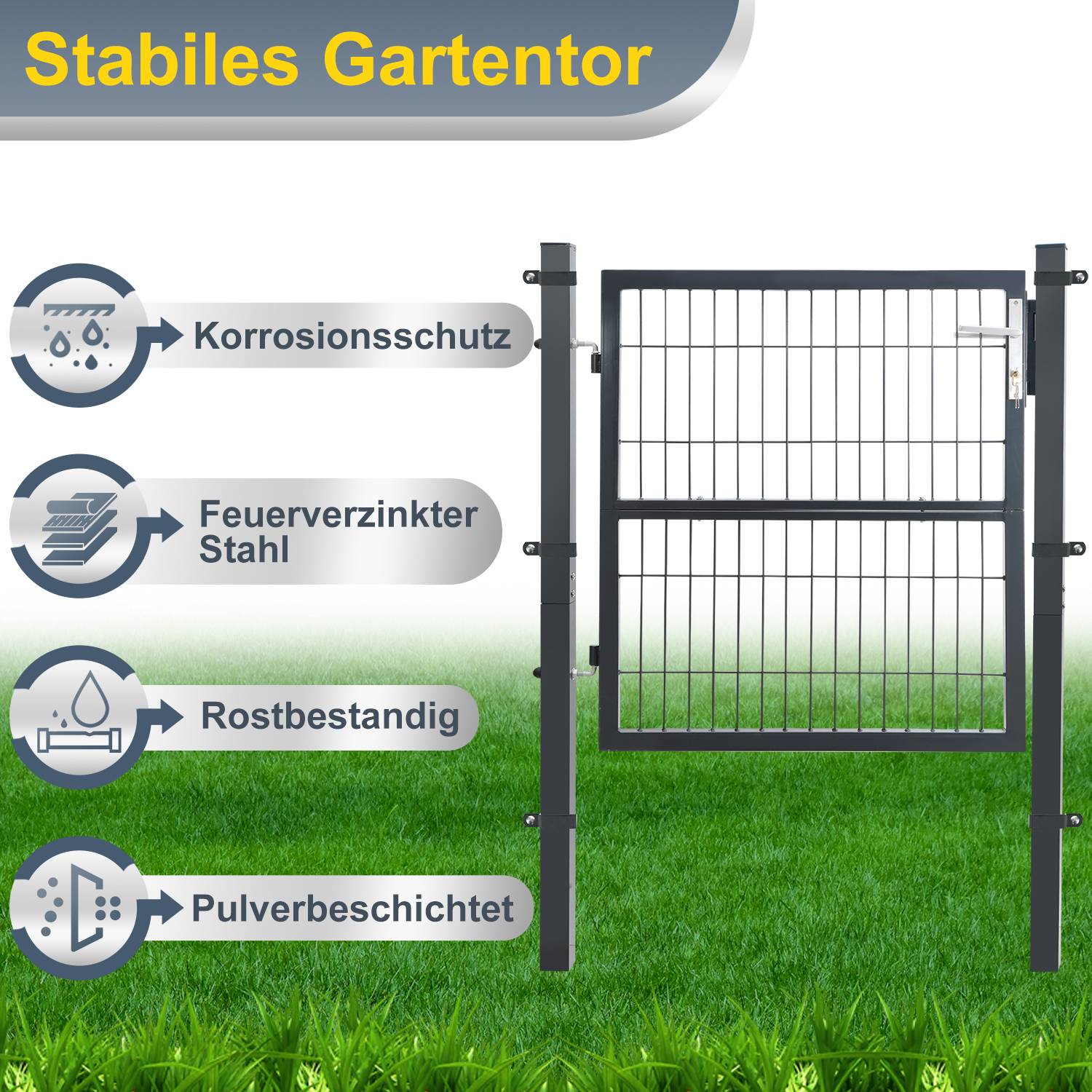 Gartentor Gartentür Zauntor Hoftuer Pulverbeschichtet Verzinkt mit Schloss Türklinke und Schlüssel Anthrazit Quadratrohr 100x100cm
