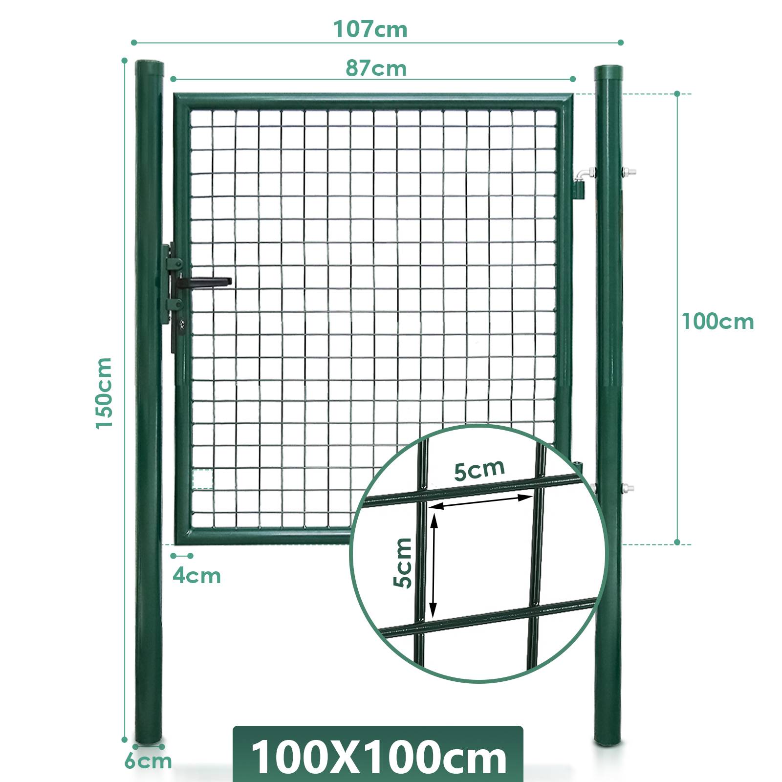 Gartentor Gartentür Zauntor Hoftuer Pulverbeschichtet Verzinkt mit Schloss Türklinke und Schlüssel Grün Rundpfosten 100x100cm
