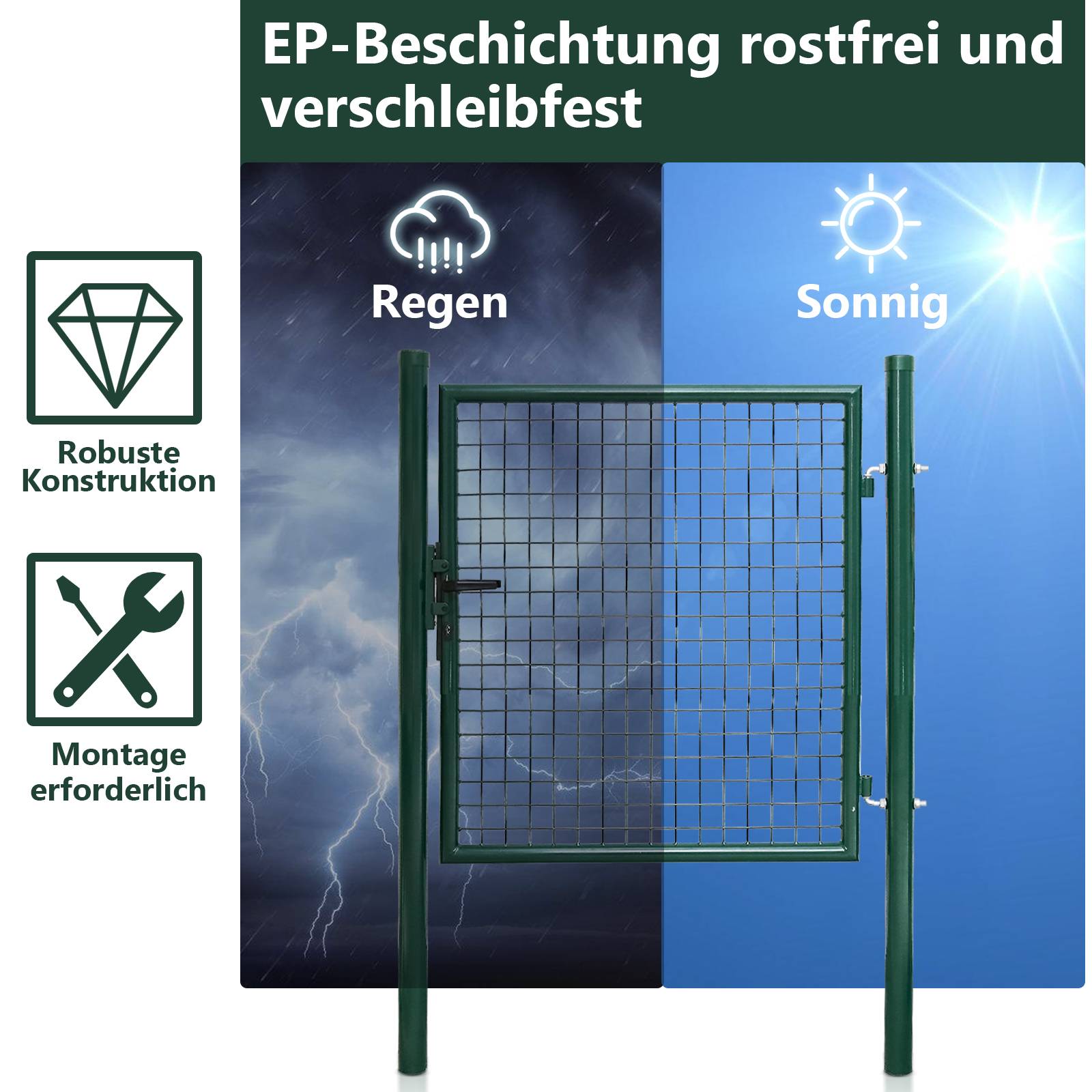 Gartentor Gartentür Zauntor Hoftuer Pulverbeschichtet Verzinkt mit Schloss Türklinke und Schlüssel Grün Rundpfosten 100x100cm