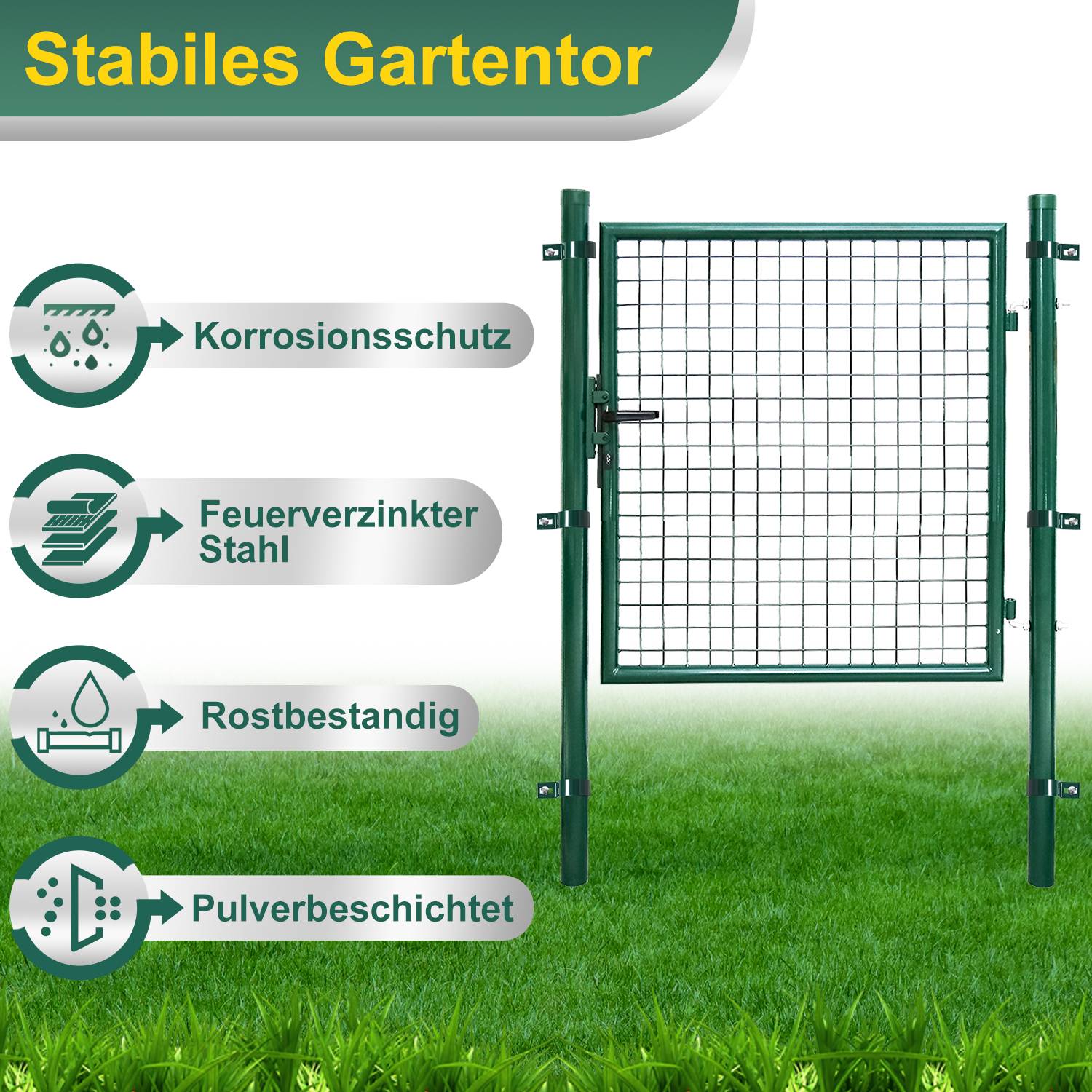 Gartentor Gartentür Zauntor Hoftuer Pulverbeschichtet Verzinkt mit Schloss Türklinke und Schlüssel Grün Rundpfosten 100x100cm